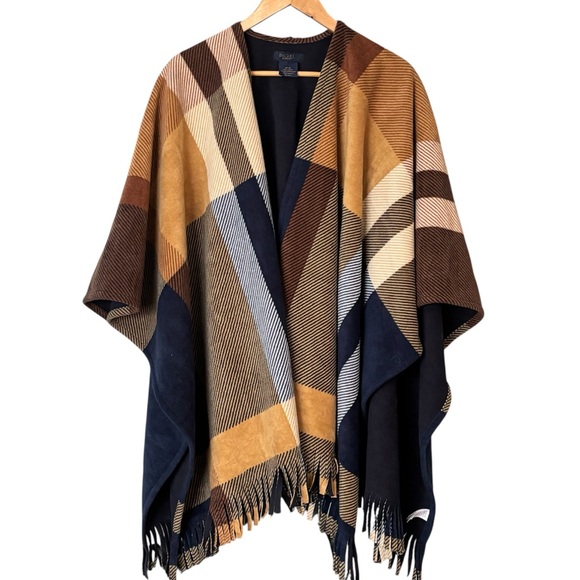 Rachel Roy Plaid Fringe Poncho Wrap Cape Shawl – Neutral Colorblock OS - Picture 6 of 10